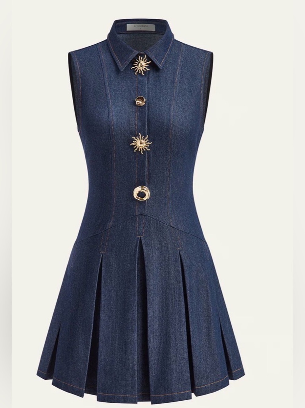 Commense Navy Denim Mini Dress with Gold Sun Buttons